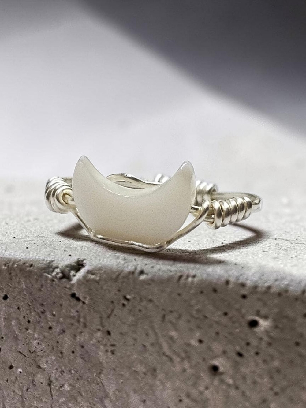 Sterling Wire-Wrapped Crescent Moon Ring - White